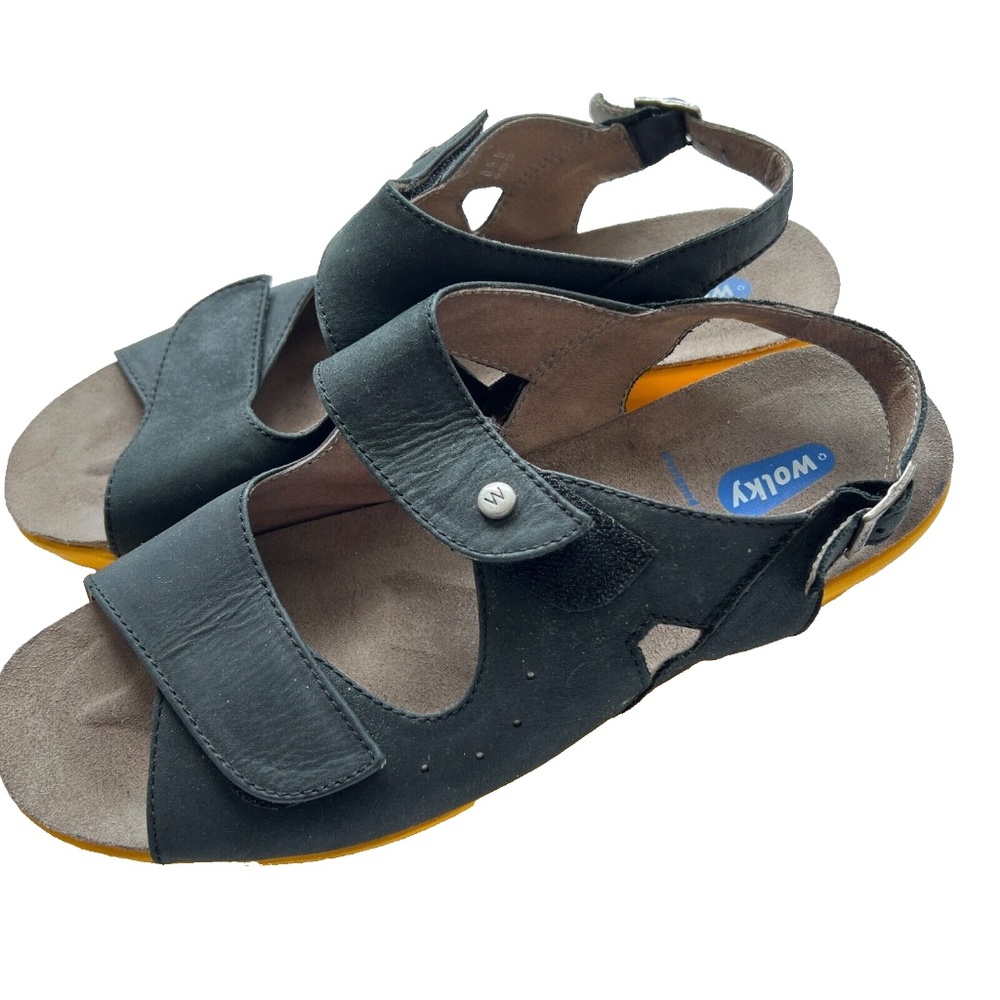 Wolky Leather Sandals 2 Strap Comfort Hook & Loop Black Yellow 41 US Size 9 1/2
